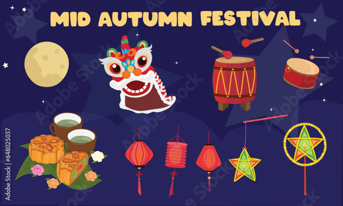 Mid autumn festival vector set. 
Moon festival clip art. Drum, star lantern, lantern, lion dance, moon cake, tea cup. Toy for veitnamese children in mid autumn festival. Flat vector in cartoon style.