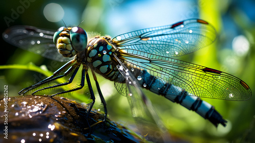 araffe dragonfly with blue and black wings sitting on a rock Generative AI © Ishika