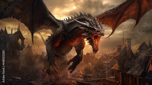  Mythical dragon destroys the city. Generative AI © Iaroslava