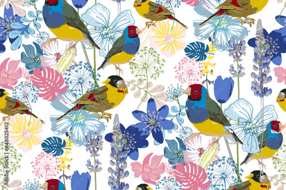 Flowers and birds. Seamless abstract pattern. Bright colors. Suitable for fabric, wrapping paper and the like.