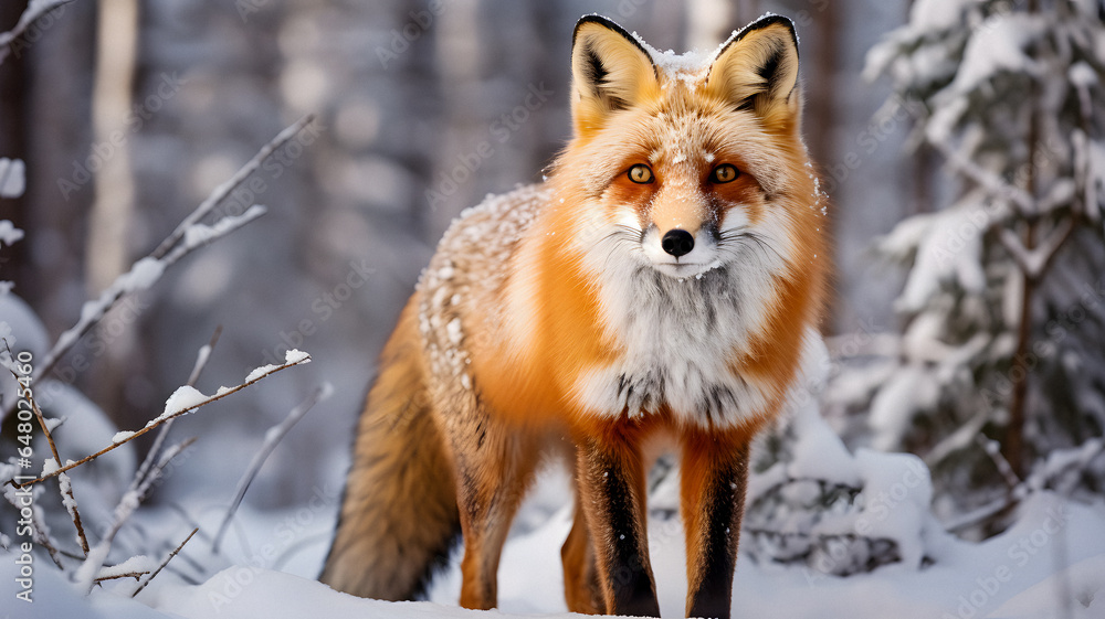Obraz premium red fox standing in the snow in the woods Generative AI