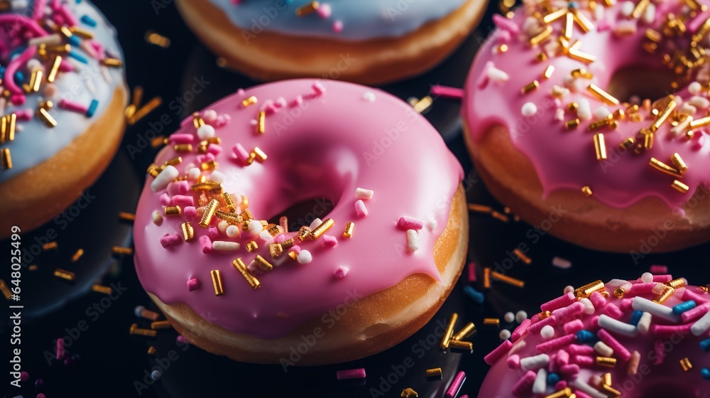 Generative AI, Assorted colorful glazed donuts with sprinkles, sweet baked dessert
