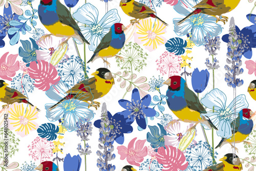 Fototapeta Naklejka Na Ścianę i Meble -  Flowers and birds. Seamless abstract pattern. Bright colors. Suitable for fabric, wrapping paper and the like.