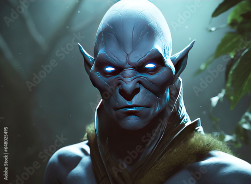 Blue-skinned young male creature of fantasy fairy tale magical stylization. AI generated.
