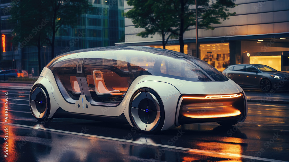 Autonomous electric car driving on city street showcasing the future