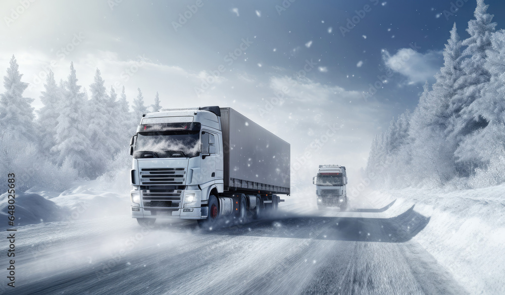 Trucks driving on slippery road with snow in winter - obrazy, fototapety, plakaty 