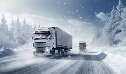 Trucks driving on slippery road with snow in winter
