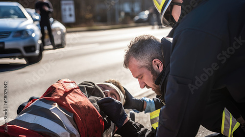 Paramedic giving support to injured person after traffic accident
