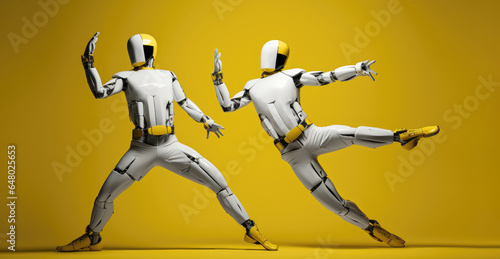 Two crash test dummies dancing together in yellow studio photo