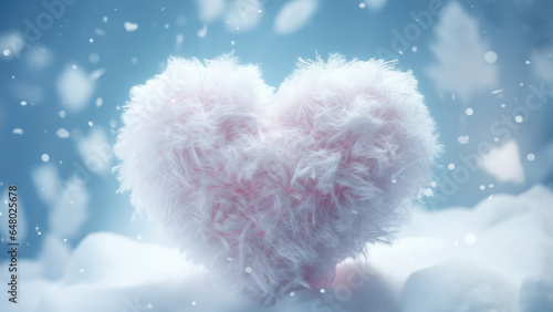 Wool heart in cold snow in winter for christmas photo