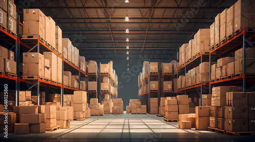 Storage shelves in warehouse with cardboard boxes, Industrial background photo