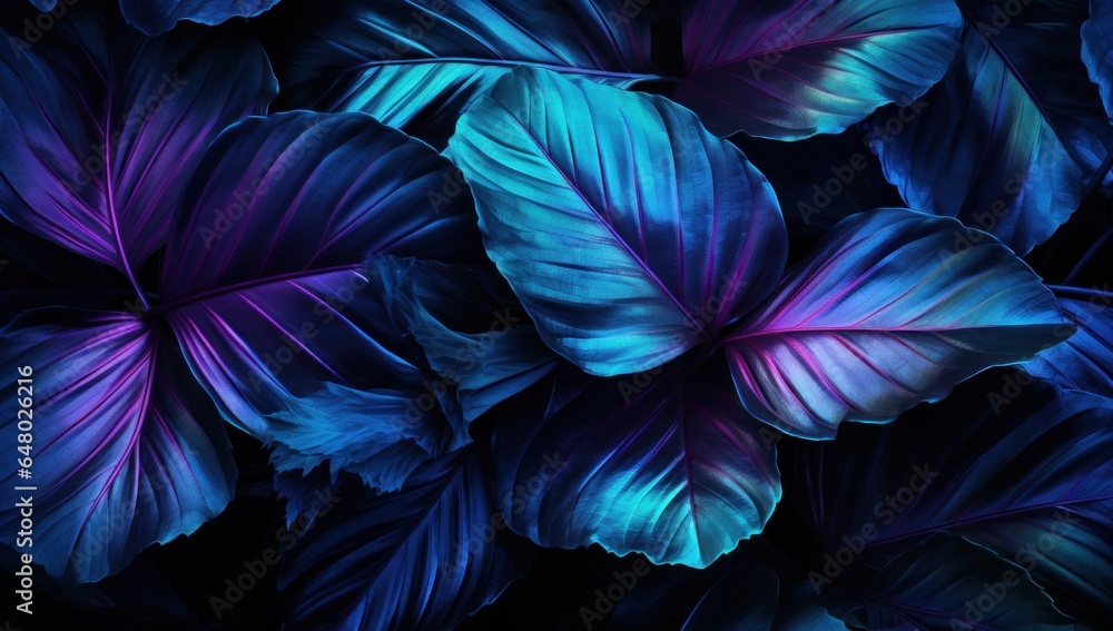 Purple tropical leaves luminous background