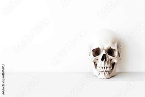 creepy skull on white background with copy space minimalist halloween concept photo