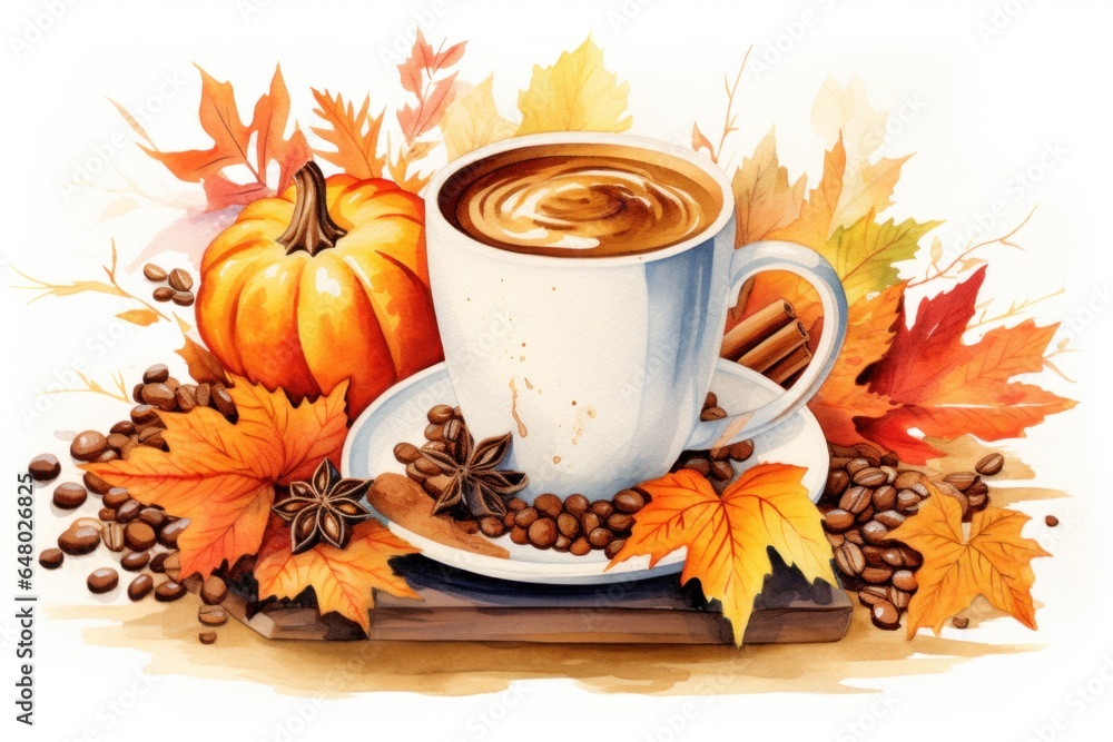 Autumn illustration with coffee cup, pumpkin, yellow leaves and coffee beans on white background