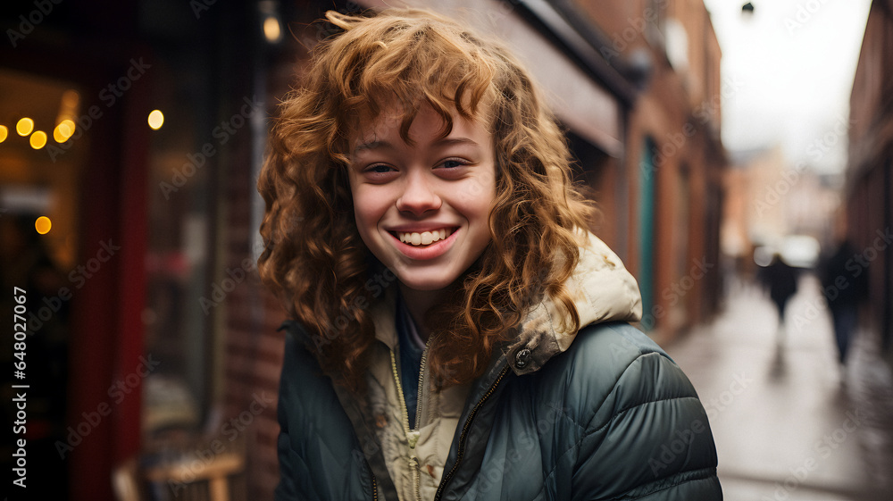 smiling woman with curly hair and green jacket on a city street Generative AI