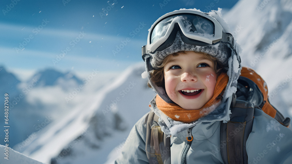 young boy wearing a helmet and goggles on a snowy mountain Generative AI young boy wearing a helmet and goggles on a snowy mountain Generative AI