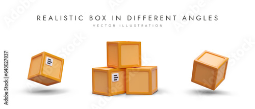 Boxes and stack of containers. Set of 3D images. Unlabeled vector packaging, mockup. Colored parcels. Icons for postal service. Illustrations for website of carrier company