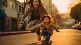 they are two young girls riding on a skateboard down the street Generative AI