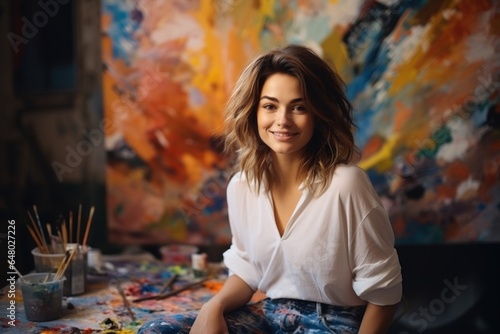 Young woman artist at her art studio in front of canvas painting