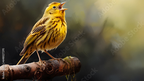 yellow bird sitting on a branch with its mouth open Generative AI photo