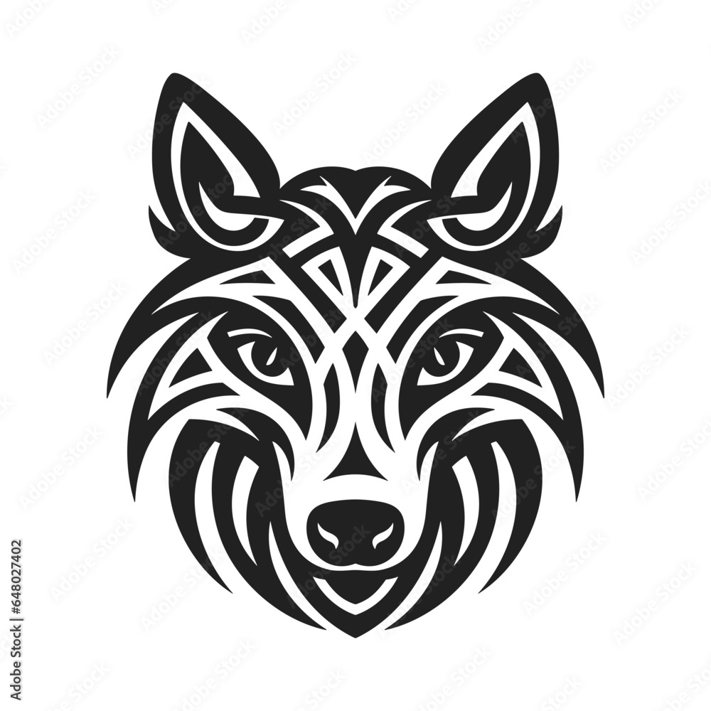 Obraz premium Tribal tattoo of the wolf head in Celtic and Nordic ornament flat style design vector illustration isolated on white background. Scandinavian Viking symbol of the wolf, tribal northern culture tattoo.