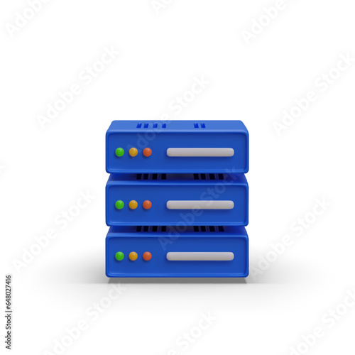 3D blue server, front view. Autonomous performance of tasks. Renting server for mining. Isolated image in cartoon style. Data center. Color web design