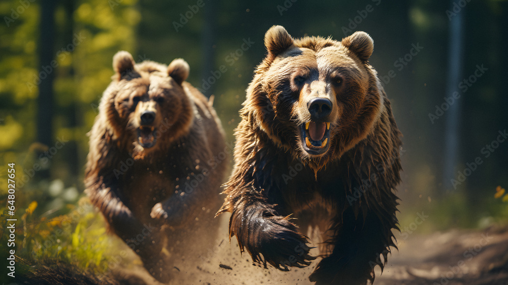 two brown bears running in the woods together Generative AI