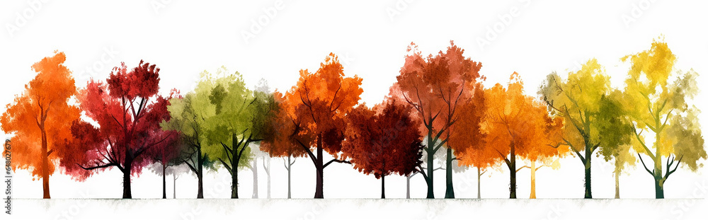 illustration of many different colorful autumn trees standing in a row on white background