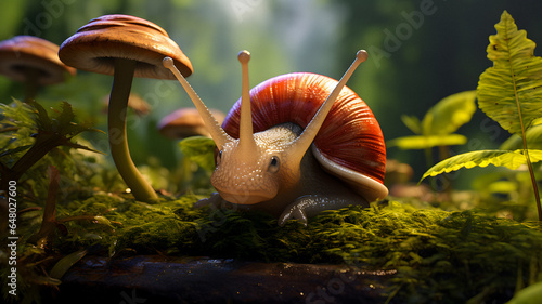 snail that is sitting on a mossy surface Generative AI
