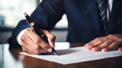 Close up of a businessman's hand writing on paper