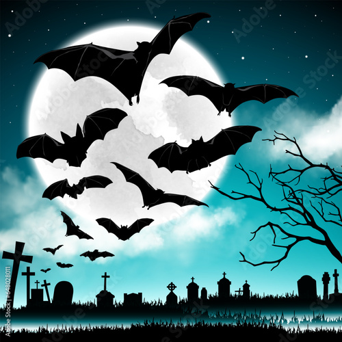 Celebrated horror dark Halloween holiday night October 31. Bats flying over spooky full moon cloudy star sky. Silhouette scary graveyard haunted forest branch trees and tombstones cemetery Background.