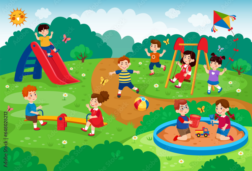Obraz premium Children park. Kids playground. Little people playing in garden. Swing and sandbox. Summer cute boy and girl walking in nature. Kindergarten leisure. Vector cartoon tidy illustration