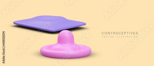 3D pink condom, purple packaging. Classic protection for safe sex. Disposable latex barrier, pregnancy control. Vector banner. World contraception day