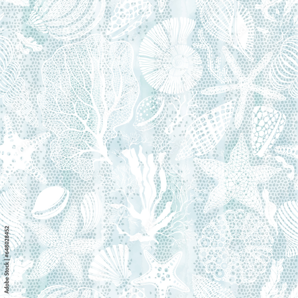 Sea. Art seamless pattern on the marine theme with underwater plants,starfish, seashells on blue watercolor background. Vector. Perfect for design templates, wallpaper, wrapping, fabric and textile.