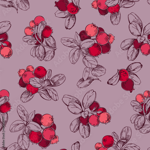 Lingonberry twigs. Seamless vector pattern with wild berries on a colored background. Perfect for design templates, wallpaper, wrapping, fabric, print and textile.