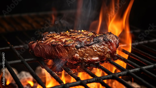 beef ribeye steak grilling on flaming grill.