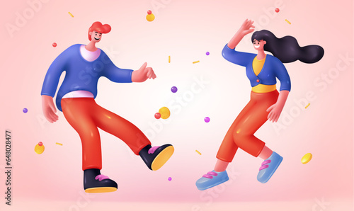 3D people. Happy render persons. Man or woman poses. Young human students. Flying couple. Joyful friends jumping. Smiling male and female. Plastic circles. Vector cartoon exact icons