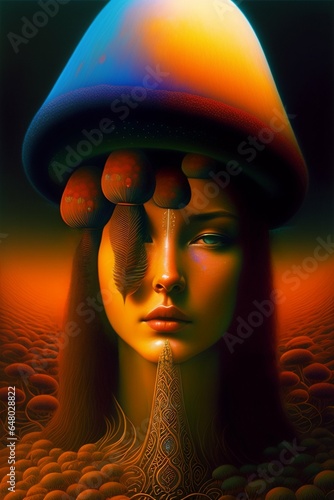 a girl, wearing mushrooms hat