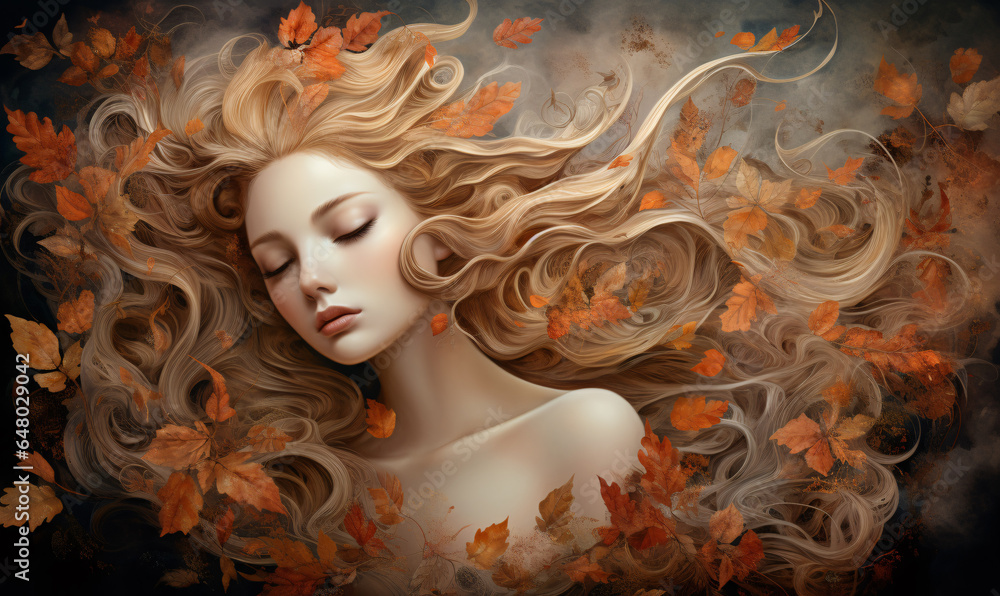 Dreamy girl with flying golden autumn leaves in the background. AI generated