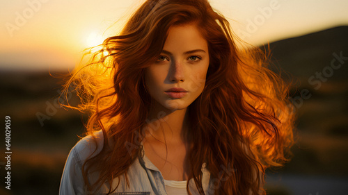 arafed woman with long red hair standing in front of a sunset Generative AI