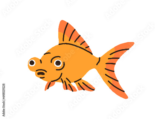Cute funny goldfish. Little small comic gold fish swimming. Exotic tropical aquarium animal, ornamental fauna. Marine underwater species. Flat vector illustration isolated on white background