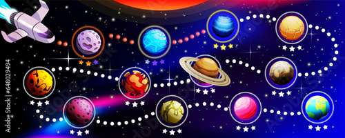 Game space. UI planet map. Sky level route. Computer playing. Astronaut travel. Cosmic landscape. Stars in mobile galaxy. Interstellar path. Universe exploration. Vector design background