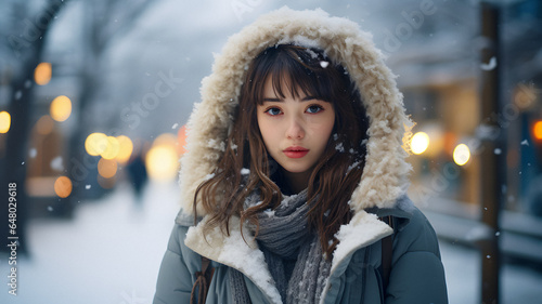 arafed woman in a parka and scarf standing in the snow Generative AI
