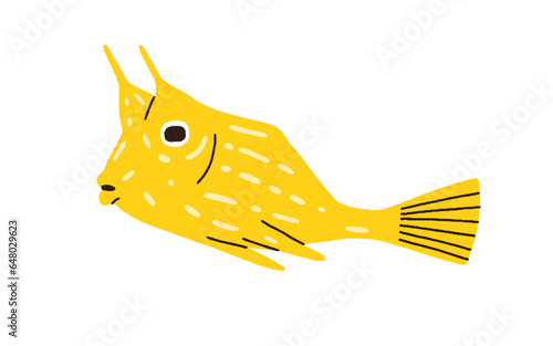 Cute funny fish. Exotic tropical longhorn cowfish. Small little aquarium horn...