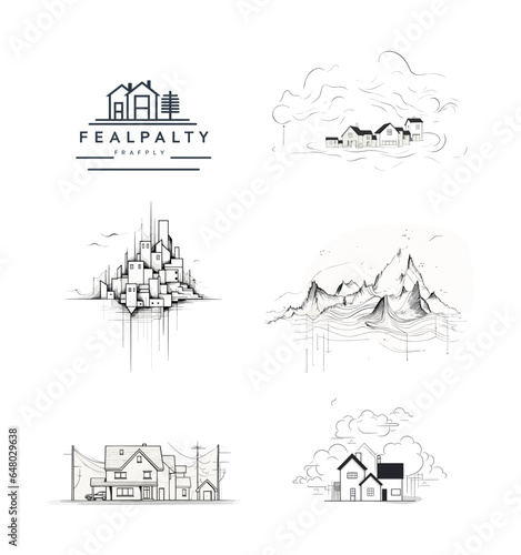 Vector set of abstract logo design templates in simple linear style - cozy home emblems, houses and plants stay at home