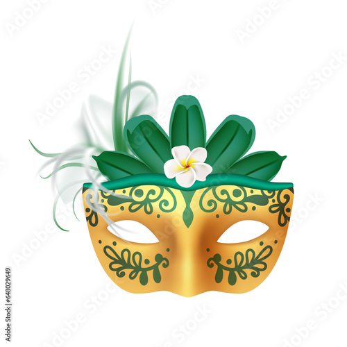 Carnival mask. Golden masquerade costume elements with tropical leaves and flowers. Summer exotic festive celebration clothing, Venetian parade 3d element, vector realistic illustration