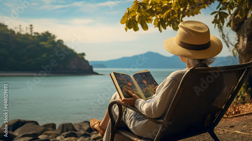 arafed man sitting in a chair reading a book by the water Generative AI