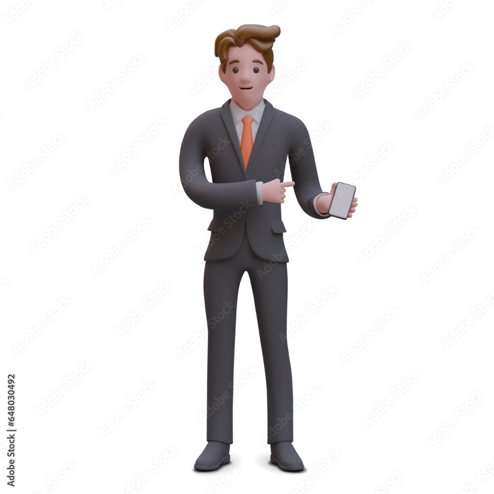 Man in business suit shows smartphone with blank screen. Realistic male character on white background. Mockup for advertising modern phone application Man in business suit shows smartphone with blank screen. Realistic male character on white background. Mockup for advertising modern phone application