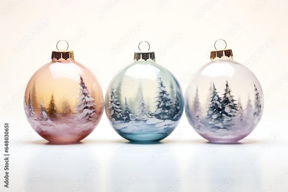 Watercolor glass Christmas Baubles clip art with soft winter landscape and fir trees inside Generative AI Watercolor glass Christmas Baubles clip art with soft winter landscape and fir trees inside Generative AI