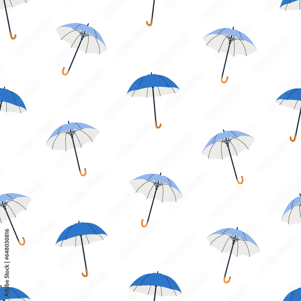 Open straight umbrellas, seamless pattern. Endless background, repeating print with rain weather accessory. Texture design for waterproof textile, fabric, wrapping. Printable flat vector illustration